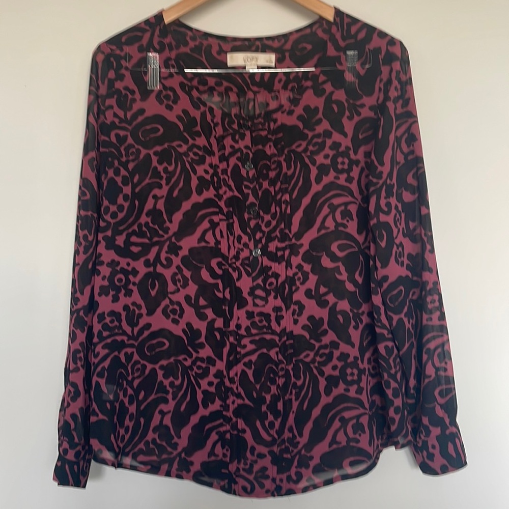 Loft Sheer long sleeve paisley blouse Sz Large Petite EUC